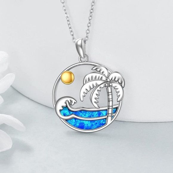 YAFEINI Palm Tree 925 Sterling Silver Palm Tree Pendant Opal Wave  Necklace - Picture 1 of 4